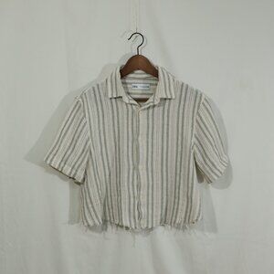 Zara Striped Short Sleeve Button Down Top Fringe d Size S